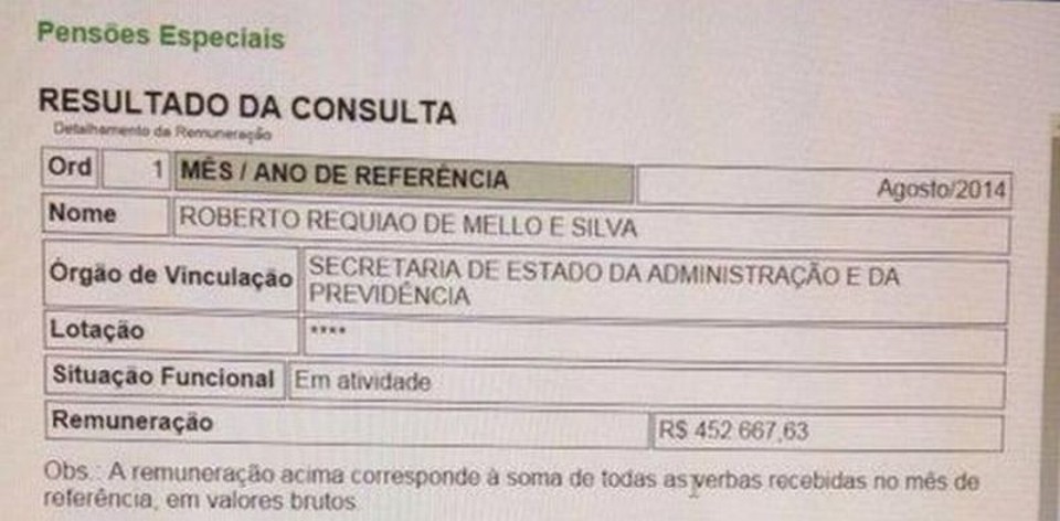 Reprodução do comprovante de repasse dos R$ 452 mil ao ex-governador Roberto Requião | Reprodução
