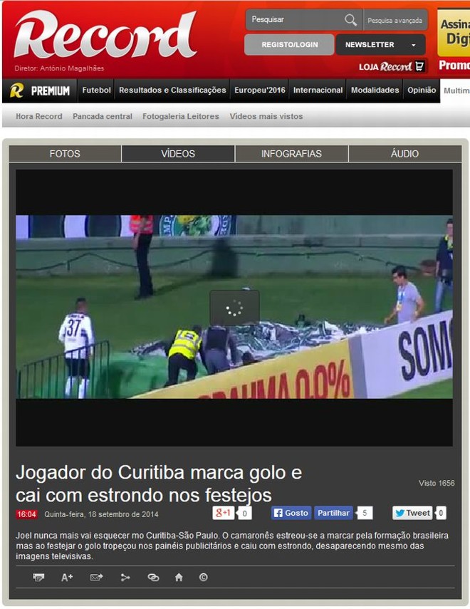 Jornal português Record destacou que após a queda, Joel nunca mais esquecerá a partida contra o São Paulo |