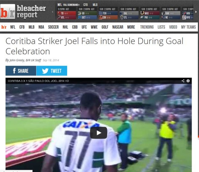 Site americano Bleacher Report destacou o tombo de Joel na comemoração do gol do Coritiba |