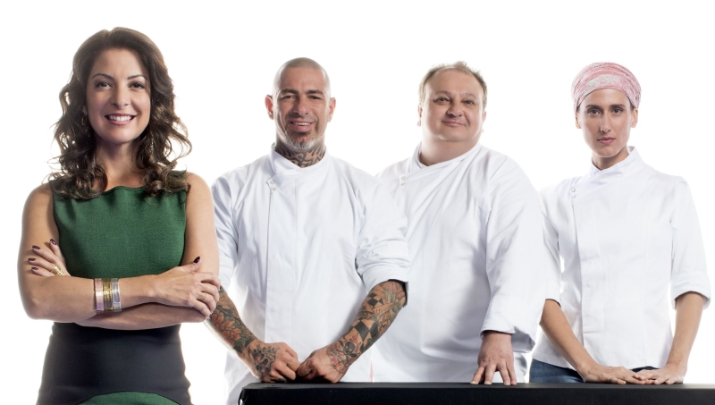 O time do MasterChef Brasil (a partir da esq.): Ana Paula Padrão e os jurados Henrique Fogaça, Erick Jacquin e Paola Carosella | Divulgação