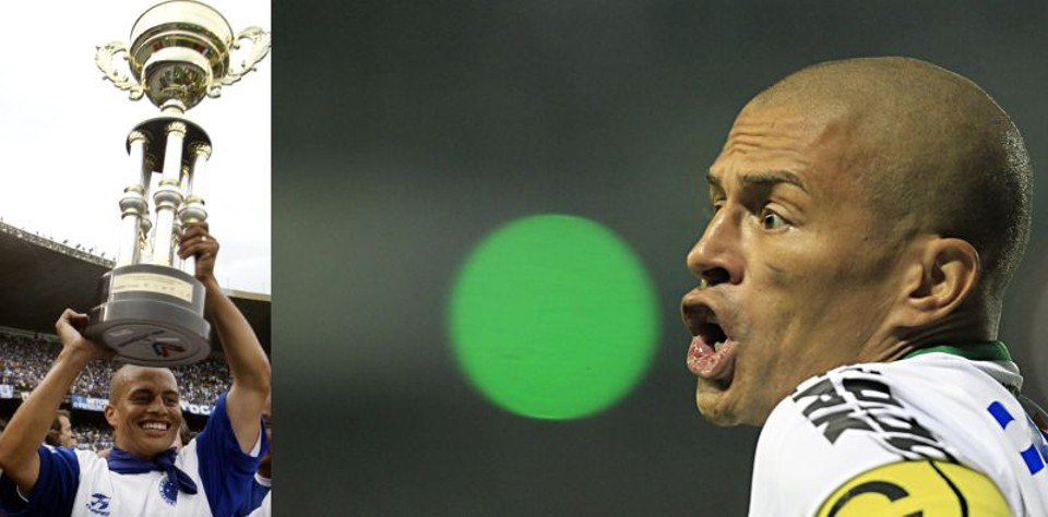 Alex com o troféu de campeão brasileiro de 2003, pelo Cruzeiro, e comemorando gol com a camisa do Coritiba, em 2013. | Paulo Whitaker/ Reuters e Albari Rosa/ Gazeta do Povo