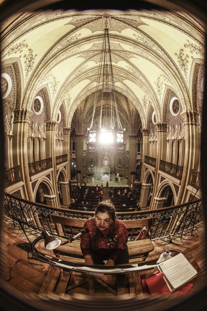 Organista no coro com a nave da catedral ao fundo | 