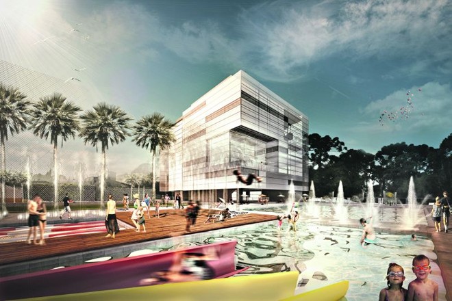 Nas áreas externas, foram projetadas três piscinas, incluindo uma profissional com raias | 