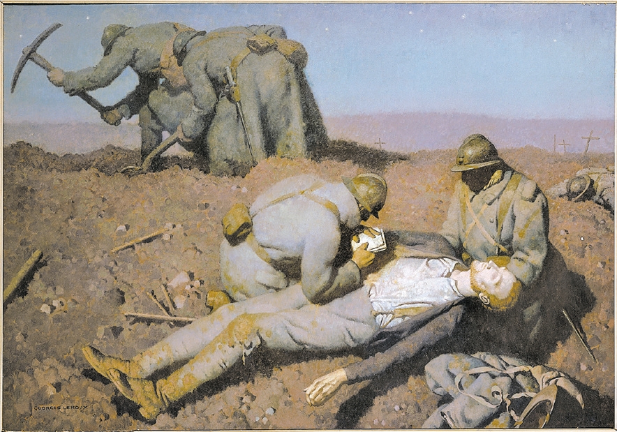 Soldados enterram colegas em Em Les Éparges, de Georges Paul Leroux (1939); à dir., Execução, segundo Goya, de Yan Pei-Ming, e abaixo, Napoleão, de Jacques-Louis David |