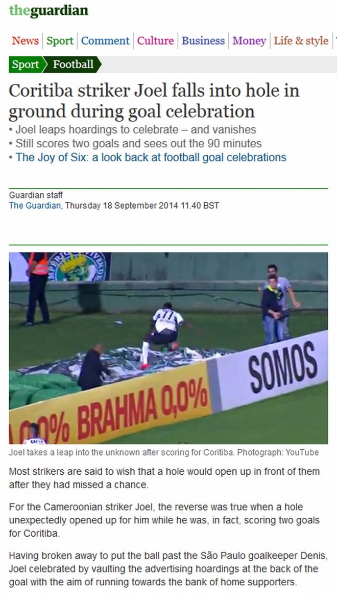 Jornal inglês The Guardian destaca: Atacante Joel do Coritiba cai em buraco na comemoração do gol | reprodução
