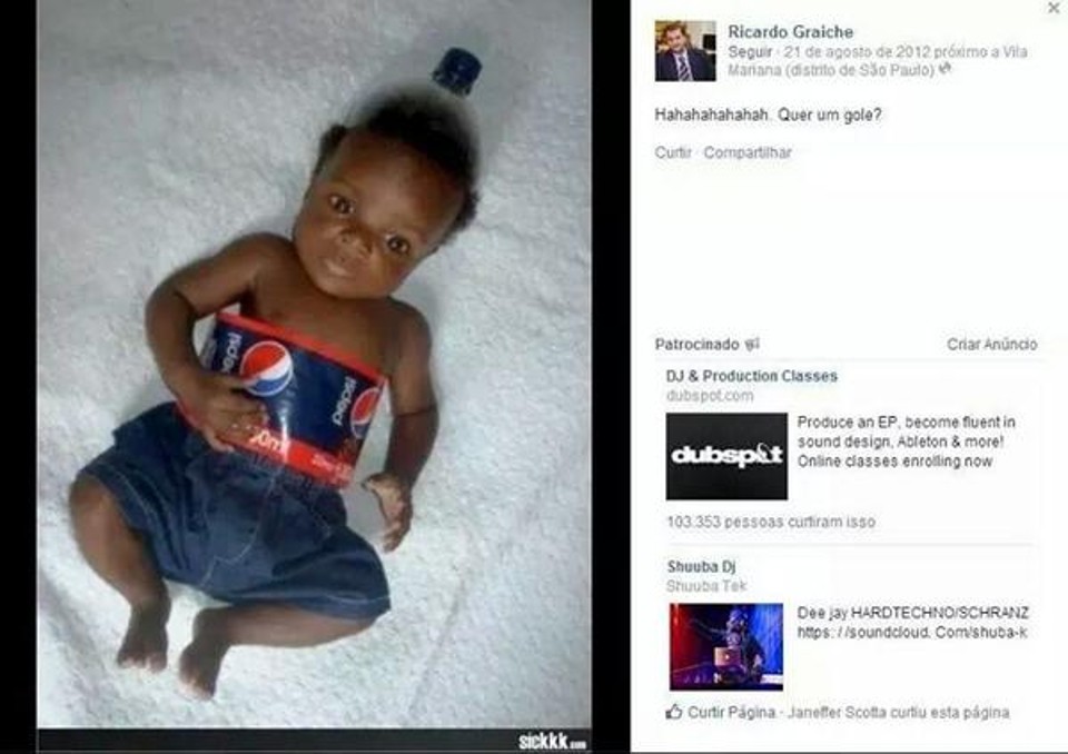Mensagem no perfil do auditor Ricardo Graiche, do STJD, faz piada preconceituosa com boneca negra. | Reprodução/ Rádio Gaúcha/ Facebook