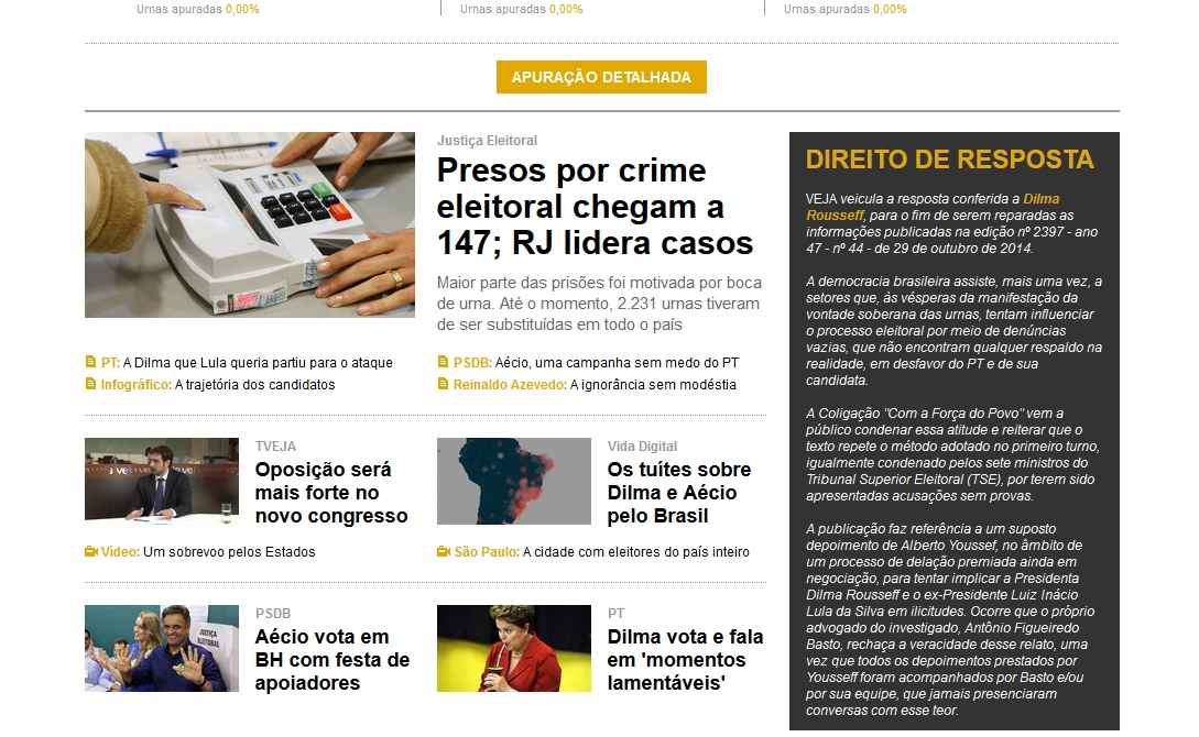 Na tarde deste domingo, porém, o site da revista mudou a localização, em sua página, da resposta do PT | Reprodução/Veja.com