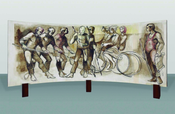Entre as obras selecionadas está o painel Operários e Ciclistas de Joinville, de 1965 (foto), hoje pertencente ao acervo da galeria | Reprodução/Catálago