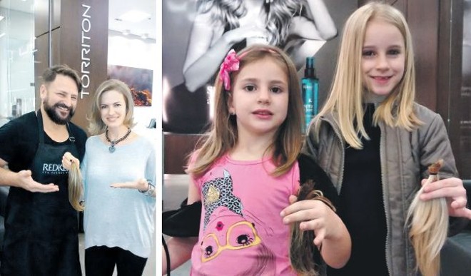 Olha só que atitude bacana: As irmãs Ana Sophia e Victoria, filhas dohairstylistAlan Zamariotti (de barba) e Elisabete Gontarski, cliente da rede Torriton Beauty & Hair, foram doadoras da campanha de arrecadação de cabelo para a confecção de perucas para mulheres portadoras de câncer de mama atendidas pela ONG Atitude na Cabeça. Os cortes são gratuitos mediante agendamento | 