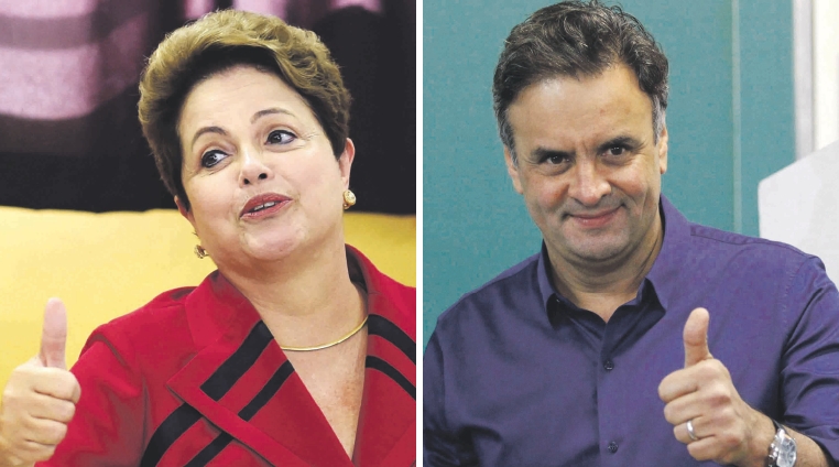 Dilma Rousseff (à esq.), candidata do PT à Presidência; Aécio Neves, candidato do PSDB à Presidência | Paulo Whitaker/Reuters; Washington Alves/Reuters