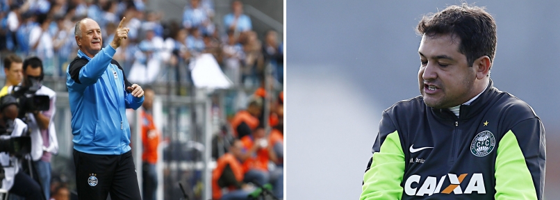 Luiz Felipe Scolari (à esq.), de 65 anos, passou por 16 clubes e 3 seleções na carreira; Marquinhos Santos, de 35 anos, começou a carreira em 2012, justamente no Coritiba | Lucas Uebel/ Grêmio; Albari Rosa/ Gazeta do Povo