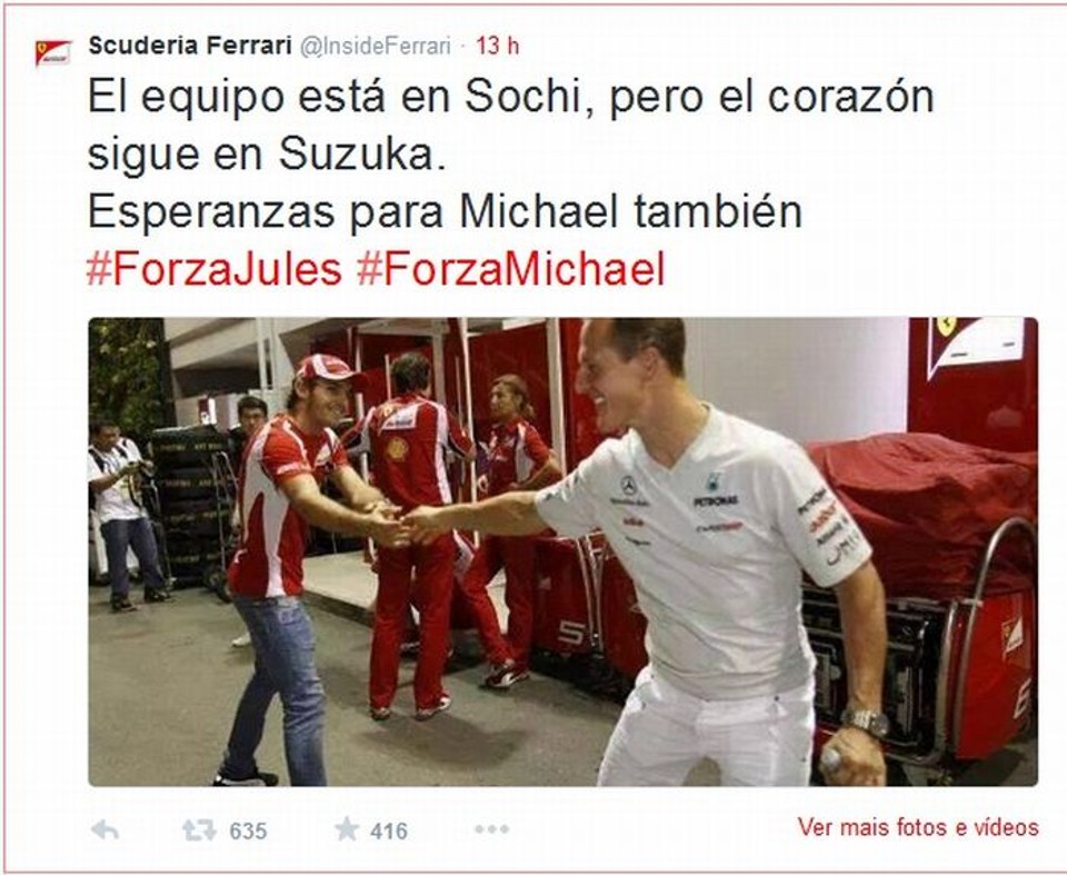 Mensagem de apoio com a foto de Bianchi e Schumacher publicada no Twitter da Ferrari | Reprodução Twitter Ferrari