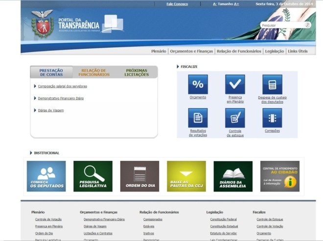 ALEP: Só é possível consultar os gastos dos gabinetes referentes ao mês anterior. Verbas de ressarcimento e lista de fornecedores são separadas pelo nome de cada deputado. Os relatórios são disponibilizados no formato PDF, o que dificulta o cruzamentos de dados. Para ver o salário de servidores é preciso digitar código verificador em cada consulta. O site éwww.alep.pr.gov.br/transparencia | 