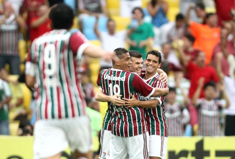 Jogadores do Fluminense comemoram o primeiro gol da partida | Agência Photocamera