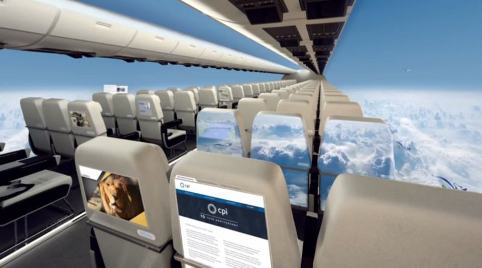 A Center for Process Innovation (CPI) quer colocar painéis de OLED por toda a parte interna dos aviões, eliminando janelas | Divulgação.