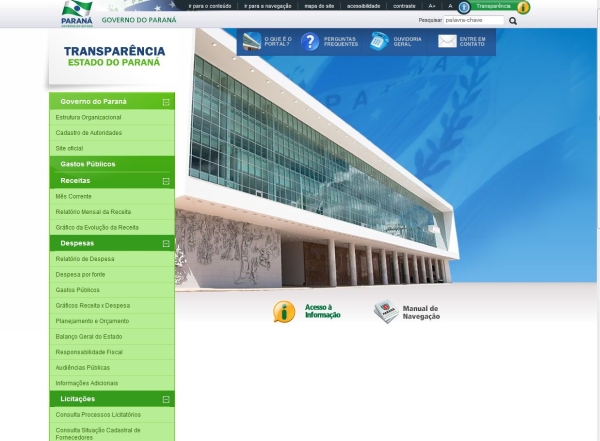 Governo: O maior problema do portal é a dificuldade para procurar e cruzar dados. Para consultar salários de servidores, é neces­­sário fazer uma busca por no­­me. A relação de paga­­men­­tos não é em tempo real. Os gastos dos órgãos são atualizados uma vez por mês. E a atualização por ór­­gão ou credor é semanal. A  relação de bens patrimoniais é separada por órgão. Já a pesquisa de licitações é mais completa. Visite:www.portaldatransparencia.pr.gov.br | Reprodução/ Internet