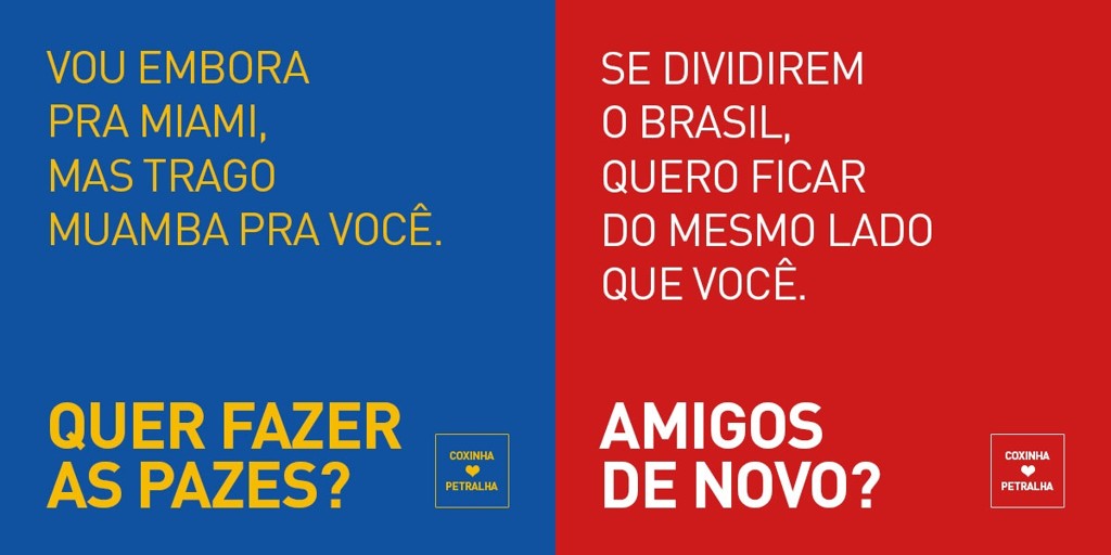 "Coxinhas" e "Petralhas" pedem desculpas aos amigos após eleição disputada