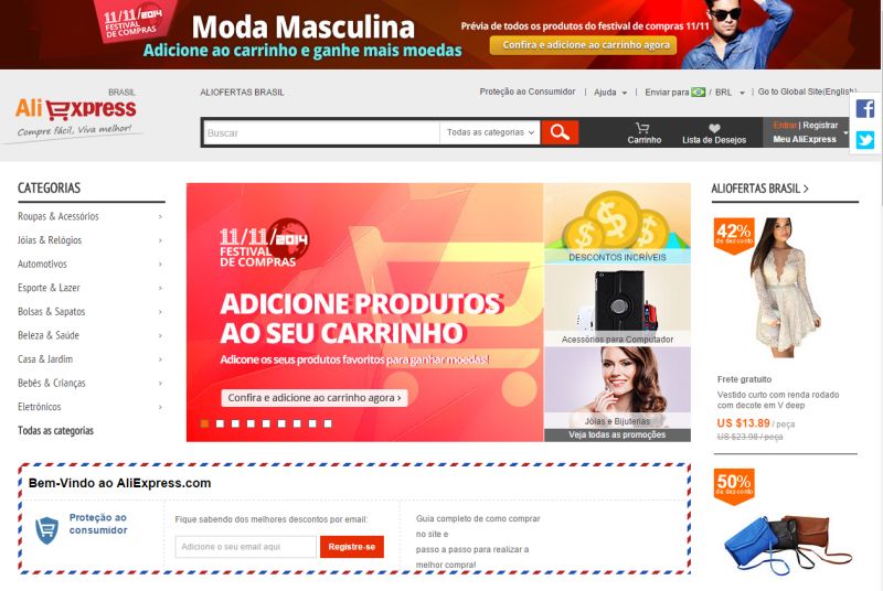 O AliExpress, site por onde serão feitas as vendas, diz que estarão disponíveis mais de um milhão de produtos | Reprodução.