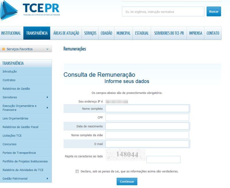 Agora usuário do portal do TC precisa preencher o questionário acima a cada nova consulta | Reprodução