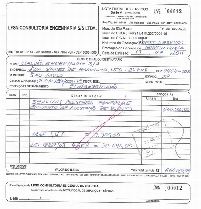Uma das notas fiscais apresentadas à Justiça como prova da denúncia | 