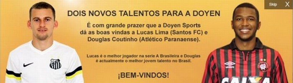 Douglas Coutinho foi anunciado no site oficial da Doyen Sports junto com Lucas Lima, do Santos | Reprodução