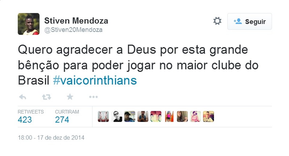 O atacante colombiano John Stiven Mendoza, de 22 anos, revela no Twitter que vai defender o Corinthians em 2015. | Reprodução/Twitter