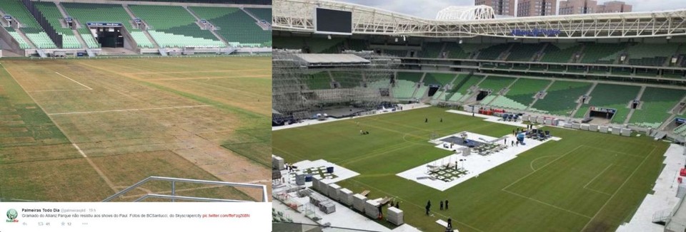 O cenário de destruição na sexta-feira, dois dias após o segundo show, e a recuperação avançada, nesta segunda-feira. | Reprodução/ Twitter e Divulgação/ WTorre
