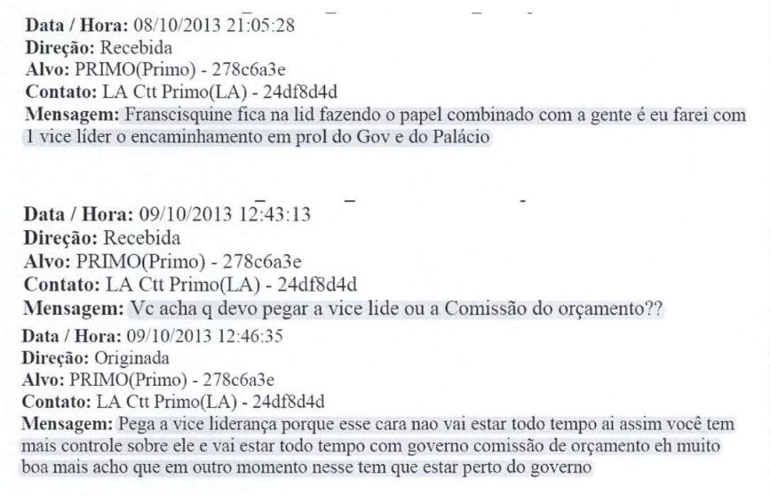 Trecho de conversa entre Youssef (Primo) e Argôlo (LA) consta em um dos processos da Lava Jato | Reprodução