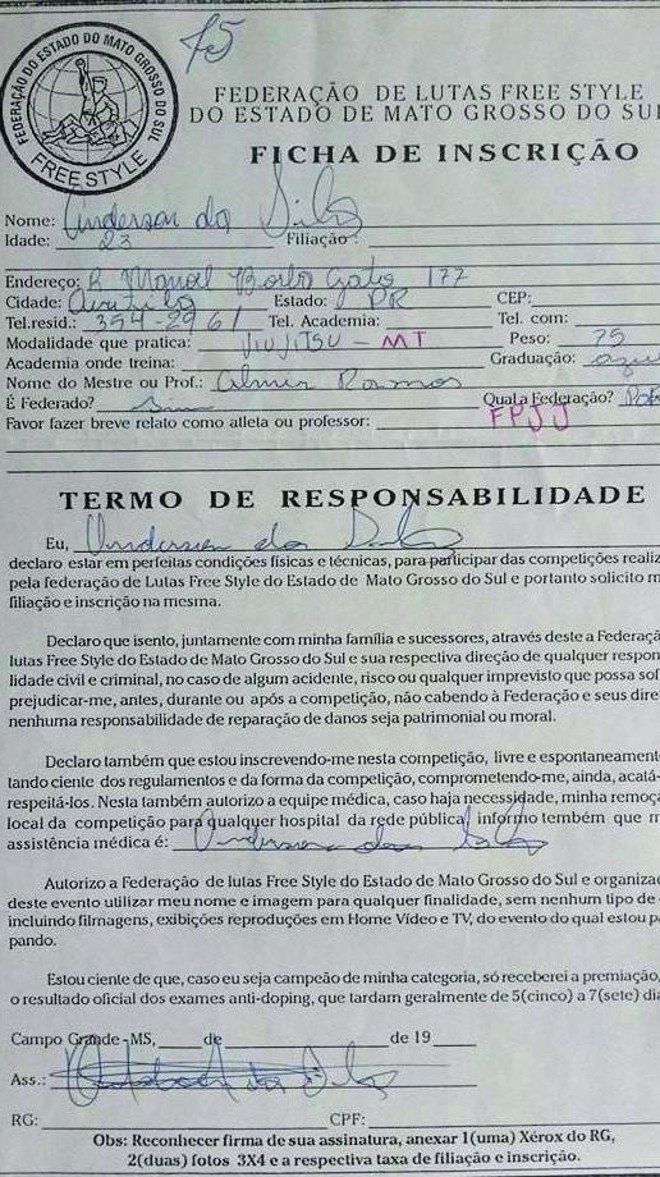 Ficha de inscrição do Spider para o Brazilian Freestyle Circuit, no Mato Grosso do Sul. Japonês quis pagar R$ 100 mil pelo documento histórico | 
