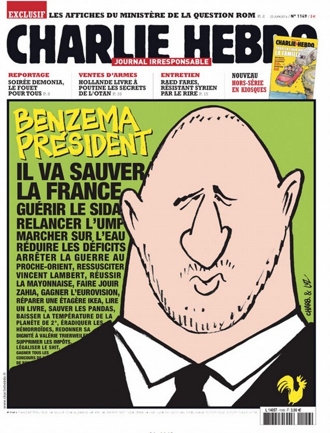Na onda da boa fase do atacante Benzema na Copa, o jornal Charlie Hebdo o elegeu como o salvador da pátria.