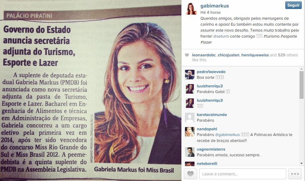 Na rede social Instagram, Gabriela Markus comentou a indicação para o cargo público. "Queridos amigos, obrigada pelas mensagens de carinho e apoio! Eu também estou muito contente por assumir este novo desafio. Temos muito trabalho pela frente! @seturrs conte comigo" | Instagram / Reprodução