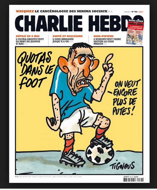 Charge do Charlie Hebdo cita a política de cotas na França e o polêmico envolvimento dos jogadores da seleção, como Ribéry, com prostitutas: