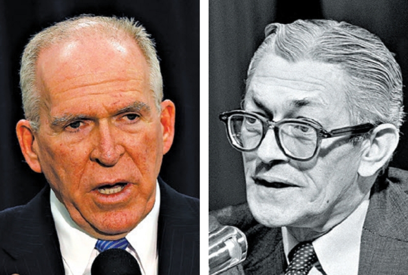 John O. Brennan, esquerda, no mês passado; e James J. Angleton em uma audiência de 1975 |