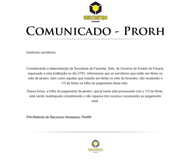 O comunicado da Pró-Reitoria de Recursos Humanos da Unicentro | Reprodução
