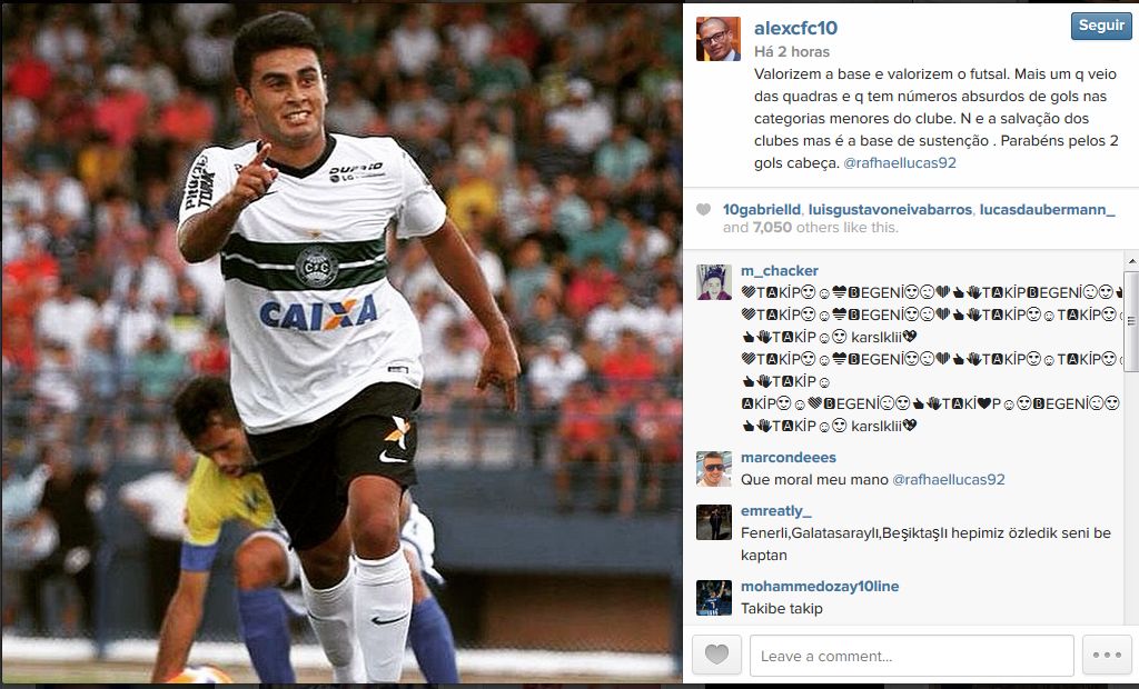 Elogio de Alex a Rafhael Lucas, autor dos dois gols do Coxa na vitória sobre o Prudentópolis, no Instagram | Reprodução Instagram