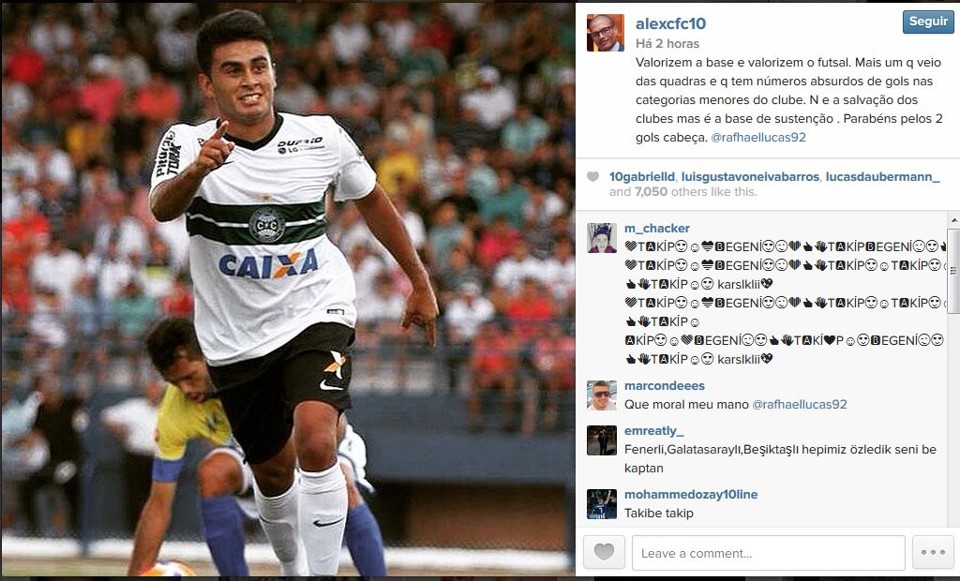 Elogio de Alex a Rafhael Lucas, autor dos dois gols do Coxa na vitória sobre o Prudentópolis, no Instagram | Reprodução Instagram