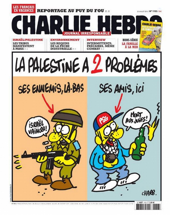 Charge do Charlie Hebdo critica o confronto no Oriente Médio e o preconceito no futebol. No desenho, um soldado israelense e um hooligan do Paris Saint-Germain, cuja parte da torcida entoa cânticos anti-semitas.