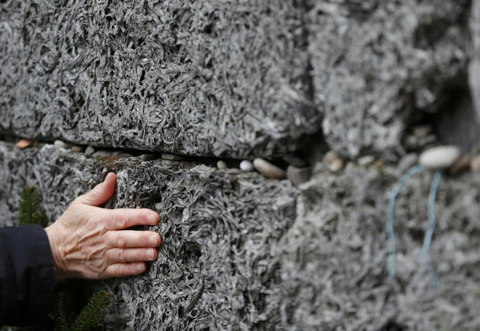Sobrevivente toca no muro da morte, no Campo de Concentração de Auschwitz | REUTERS/Laszlo Balogh