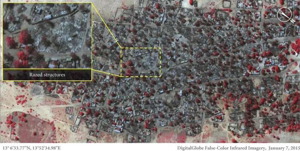 Fotografia de satélite captada em 7 de janeiro de 2014, apresentada pela Anistia Internacional, mostra destruição na cidade de Baga, na Nigéria, após ataque do Boko Haram | EFE/Michah Farfour / Digitalglobe