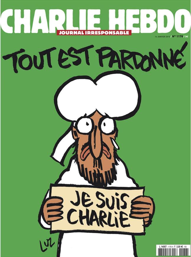 Primeira capa da Charlie Hebdo após o atentado a seus jornalistas. Lê-se em francês a frase "tudo é perdoado" | Reprodução / EFE