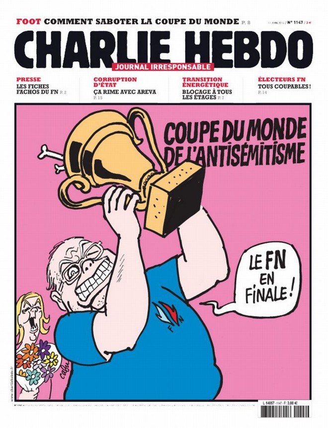 Charge do Charlie Hebdo com o líder da extrema direita da França, Jean-Marie Le Pen.