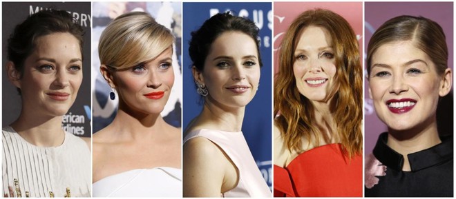 As atrizes nominadas para concorrer ao Oscar - Marion Cotillard, Reese Witherspoon, Felicity Jones, Julianne Moore e Rosamund Pike |