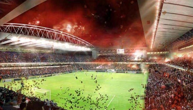 No projeto, a proximidade acima do padrão do nacional entre campo e arquibancada na Arena. | 