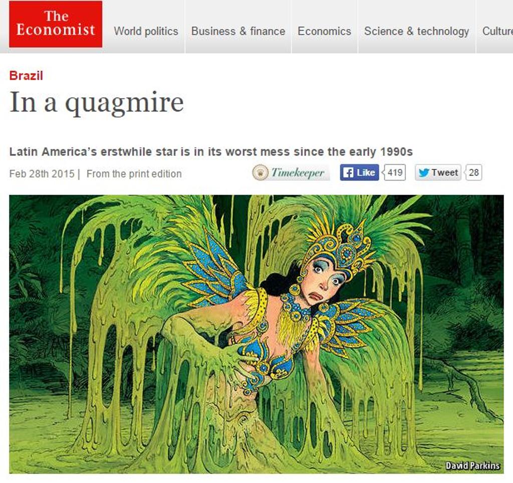 Na edição latino-americana que chega às bancas, uma passista de escola de samba está em um pântano coberta de gosma verde com o título “O atoleiro do Brasil” | Reprodução/The Economist