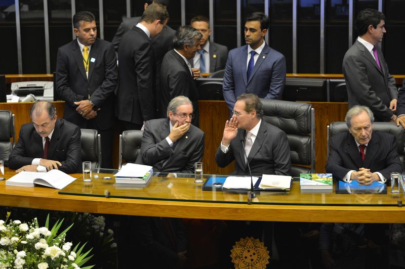 Aloizio Mercadante, Eduardo Cunha, Renan Calheiros e o presidente do STF, Ricardo Lewandowski, na abertura dos trabalhos do Congresso, nesta segunda-feira (2) | Agência Brasil