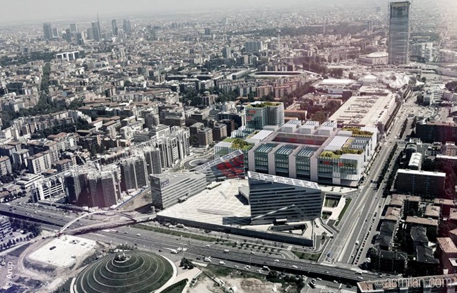 A projeção do estádio do Milan dentro da cidade de Milão: formato quadrado, esplanada para acesso e instalações do clube no terreno ao lado. | 