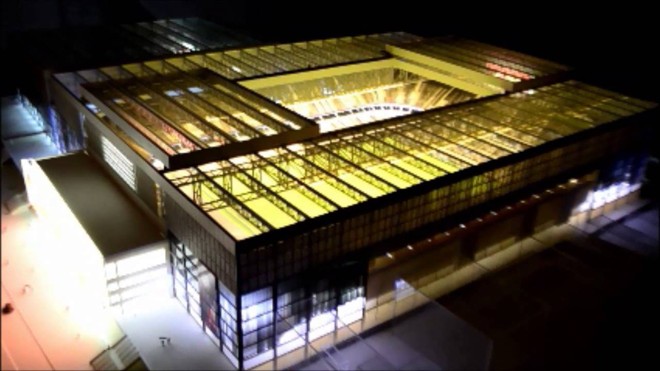 A maquete da Arena da Baixada já indicava o formato caixote do estádio, porém com teto retrátil. | 