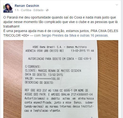 Renan Ceschin divulgou a sua doação para ajudar o Paraná a quitar os salários atrasados | Divulgação/Facebook