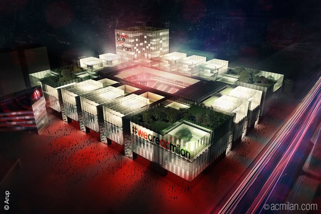 Visão externa do novo estádio do Milan, formato caixote com as esquinas arborizadas sob a cobertura. | 