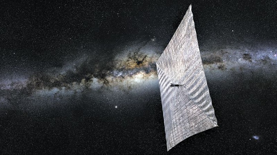 Representação artística de voo da LightSail, com Via Láctea ao fundo; sonda será lançada em maio | Josh Spradling/The Planetary Society